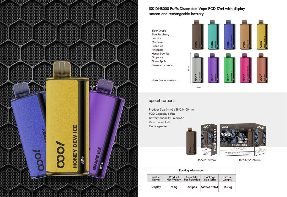 ISK 8000 Puffs Disposable Vape POD with display screen and rechargeable battery 